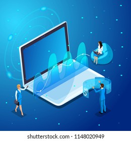 Isometric modern businessman and business ladies work with gadgets, virtual screen management, work with analytics, graphs and diagrams.
