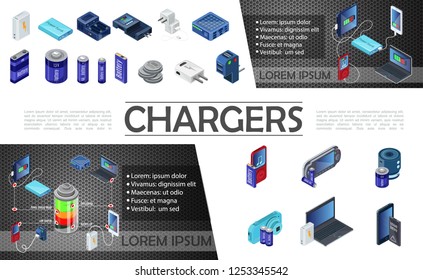 Isometric modern chargers composition with power bank and batteries of different capacity for audio player mobile camera laptop vector illustration