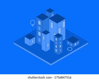 isometric modern city in blue colors, vector, map illustration