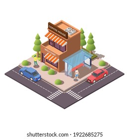 Isometric modern city composition with building of coffee house bus stop road human characters 3d vector illustration