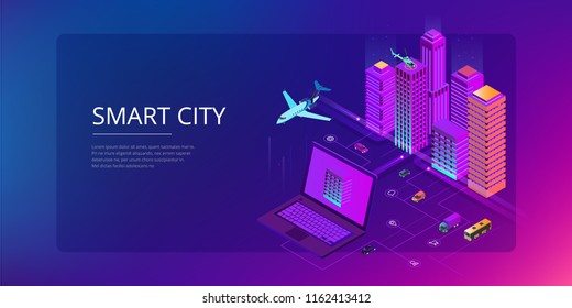 Isometric Modern city. Concept website template. Smart city with smart services and icons, internet of things, networks and augmented reality concept