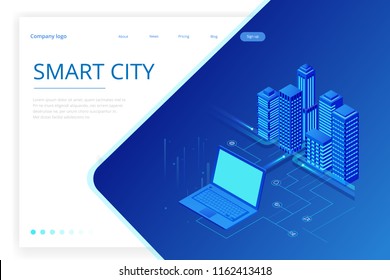 Isometric Modern city. Concept website template. Smart city with smart services and icons, internet of things, networks and augmented reality concept