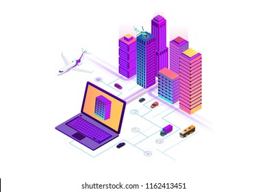 Isometric Modern city. Concept website template. Smart city with smart services and icons, internet of things, networks and augmented reality concept