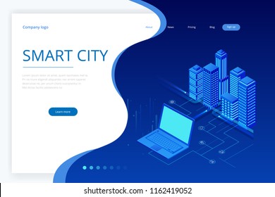Ciudad isométrica moderna. Plantilla de sitio web de conceptos. Ciudad inteligente con servicios e iconos inteligentes, Internet de cosas, redes y concepto de realidad aumentada