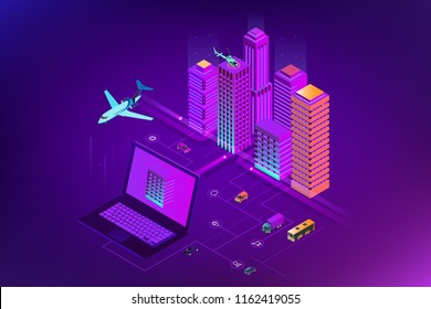 Isometric Modern city. Concept website template. Smart city with smart services and icons, internet of things, networks and augmented reality concept