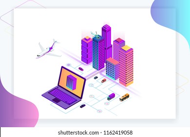 Isometric Modern city. Concept website template. Smart city with smart services and icons, internet of things, networks and augmented reality concept