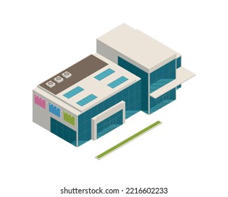 Isometric modern city mall building on white background 3d vector illustration