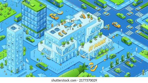 Isometric modern cityscape, city plan with IT park building and parking with electric car chargers. Vector illustration of town district map with offices, cars and buses on street, flying airship