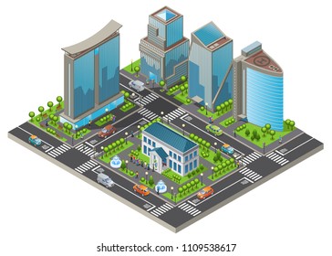 Isometric modern cityscape template with office and living buildings cars trees road people visiting museum isolated vector illustration