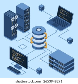 Conceito isométrico moderno de banco de dados em nuvem e rede. Tecnologia de serviços de computador. Supercomputador. Tecnologia isométrica