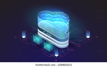 Tecnología isométrica moderna en la nube. imagen vectorial isométrica de descarga de almacenamiento alto. concepto de hospedaje web.