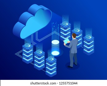 Isometric modern cloud technology and networking concept. Web cloud technology business. Internet data services vector illustration Isometric modern cloud technology and networking concept. Web cloud technology business. Internet data services vector illustration