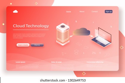 Isometric modern cloud technology, networking concept. Online computing technology. Cloud data storage. Cloud Computing Concept. Concept of data network management. Color of the year 2019 Living Coral