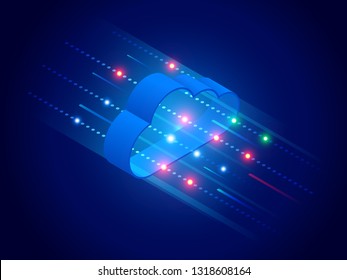 Isometric modern cloud technology and networking concept. Web cloud technology business. Internet data services vector illustration.