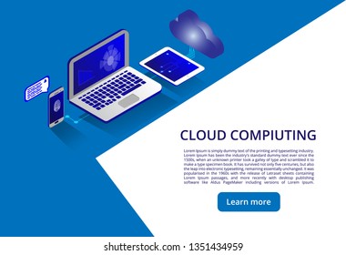 Isometric modern cloud technology and networking concept. Web cloud technology business. Cloud computing online storage low poly. Polygonal future modern internet business technology.