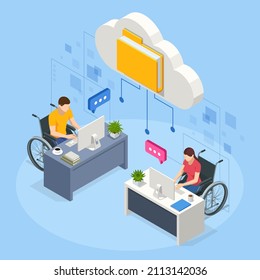 Isometric modern cloud technology and networking concept. Web cloud technology business. Internet data services. People with disability, person who uses a wheelchair, wheelchair user
