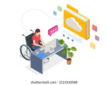 Isometric modern cloud technology, networking concept. Web cloud technology business. Internet data services. Woman with a disability, woman with laptop. Person who uses a wheelchair, wheelchair user