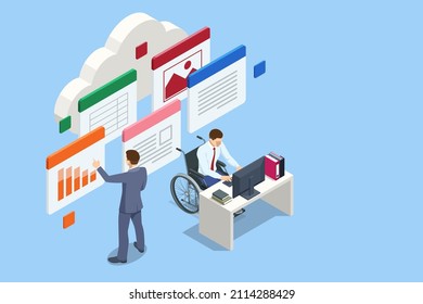 Isometric modern cloud technology and networking concept. Web cloud technology business. Internet data services. People with disability, person who uses a wheelchair, wheelchair user