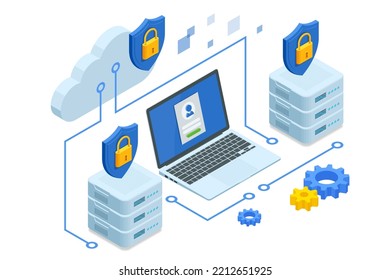 Isometric Modern Cloud Technology and Networking, Big Data Flow Processing Concept. Cloud Service, Cloud Storage Web Cloud Technology Business.