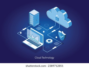 Isometrische moderne Cloud-Technologie und Vernetzung, Big Data Flow Processing Konzept. Cloud Service, Cloud Storage Web Cloud Technology Business.