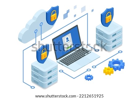Isometric Modern Cloud Technology and Networking, Big Data Flow Processing Concept. Cloud Service, Cloud Storage Web Cloud Technology Business.