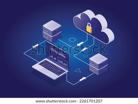 Isometric Modern Cloud Technology and Networking, Big Data Flow Processing Concept. Cloud Service, Cloud Storage Web Cloud Technology Business.