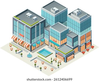 Isometric modern commercial district with shops, offices, and plaza