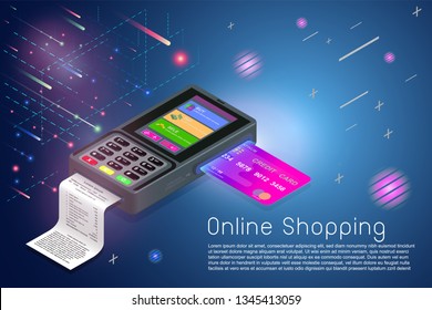 Isometric modern credit card machine, POS Terminal with credit card bank card reader. Credit debit card payment machine transaction approval process. NFC payments, Online trading, E-commerce business