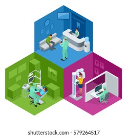 Isometric Modern dental practice. Dental chair and other accessories used by dentists in blue, medic, reception, detail dental panoramic radiograph equipment . Flat vector concept