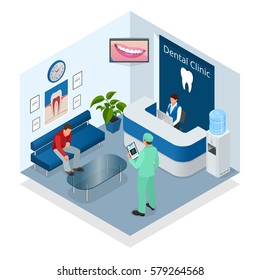Isometric Modern dental practice. Dental chair and other accessories used by dentists in blue, medic, reception, detail dental panoramic radiograph equipment . Flat vector concept