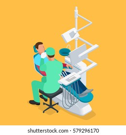 Isometric Modern Dentist Chair Isolated. Equipment In Dental Cabinet. 