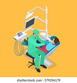 Isometric Modern Dentist Chair Isolated. Equipment In Dental Cabinet. 