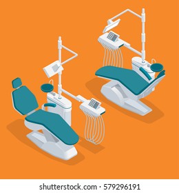 Isometric Modern Dentist Chair Isolated. Equipment in dental cabinet. 