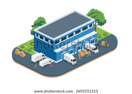 Isometric modern distribution logistic center. Warehouse storage facilities with loading docks, trucks, pallets and boxes isolated on white. Vector illustration. Loading discharging terminal.