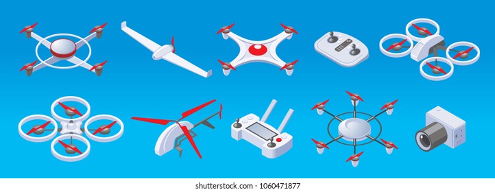 Isometric modern drones set with two three four six propellers drones remote control and camera isolated vector illustration