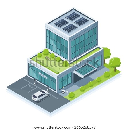 isometric Modern eco friendly office building with rooftop solar panels green terrace and electric vehicle charging station in sustainable urban environment