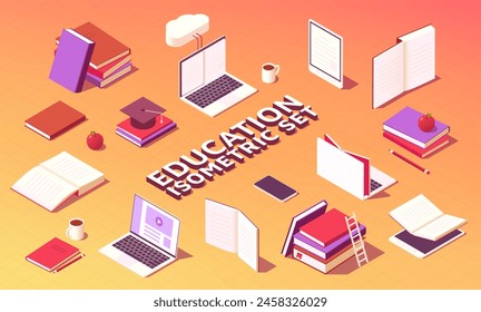 Isometric modern education symbols. University and college online courses, laptop and notebook with books, distance learning concept. Vector set. Devices as smartphone, laptop and tablet