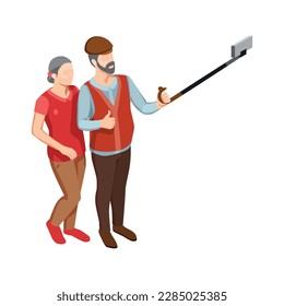 Isometric modern elderly couple taking photos with selfie stick 3d vector illustration