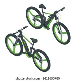 Isometric Modern Electric Bicycle icons. E-bike, Urban eco transport design concept