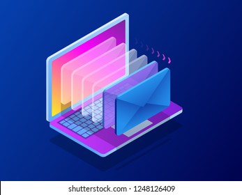 Isometric modern e-mail, email marketing, internet advertising concepts. Vector illustration