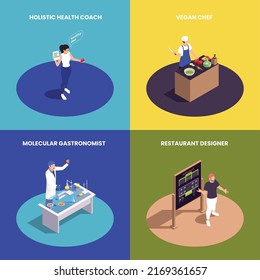 Isometric modern food industry professions 2x2 design concept set with health coach vegan chef molecular gastronomist and restaurant designer isolated 3d vector illustration