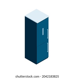 Isometric modern fridge with freezer on white background 3d vector illustration