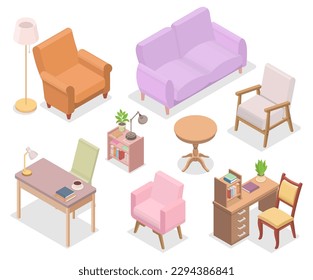 Isometric modern furniture for living room. Domestic and office equipment. Home constructor. Armchair, sofa, coffee table, chair vector illustration

