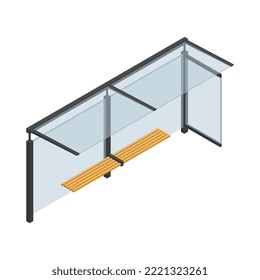 Isometric modern glass bus stop with wooden bench 3d vector illustration