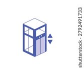 Isometric modern glass elevator icon with up and down arrows. Blue isometric line icon featuring a glass elevator cabin with directional arrows on a white background. Ideal for navigation apps, architecture plans, or corporate building wayfinding.
