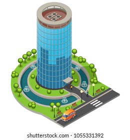 Isometric modern glass office building concept with truck people road trees fountains isolated vector illustration