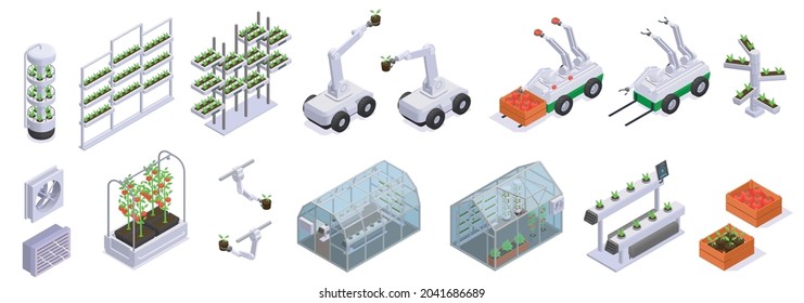 Isometric modern greenhouse icon set beds smart shelves greenhouse building robots and harvesting process vector illustration svg