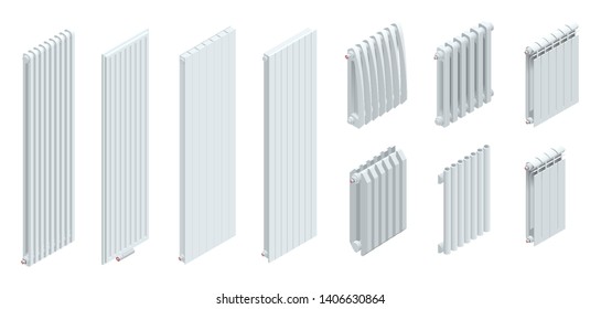 Isometric modern Heating radiators isolated on white background. Interior detail with radiator ant wall.