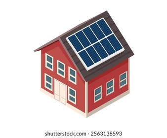 Isometric modern home with solar panels on the roof. Ideal for renewable energy, eco-living concepts, sustainable architecture, or green technology. Vector illustration isolated on white background.