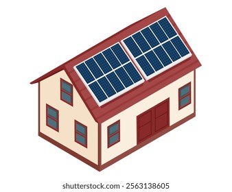 Isometric modern home with solar panels on the roof. Ideal for renewable energy, eco-living concepts, sustainable architecture, or green technology. Vector illustration isolated on white background